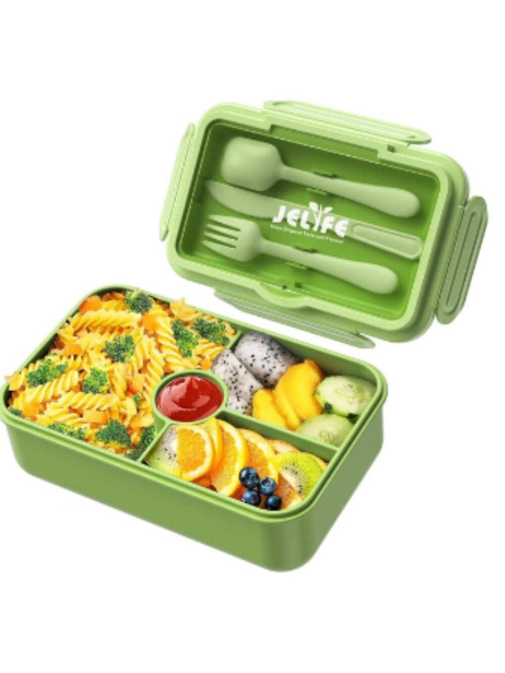 Bento Box Kids Lunch Box Leakproof 4 Compartment 1100ml Green w/ Utensils